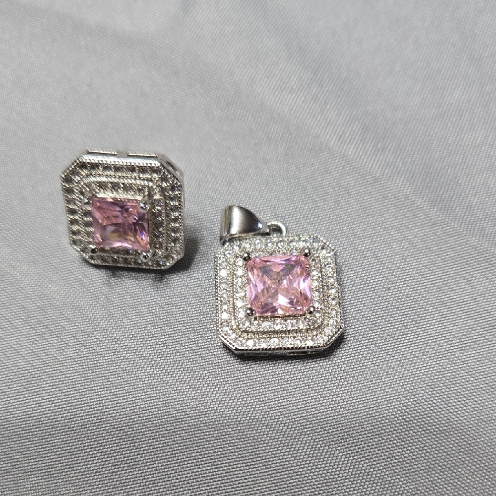 Pink and Silver Pendant & Stud Earring